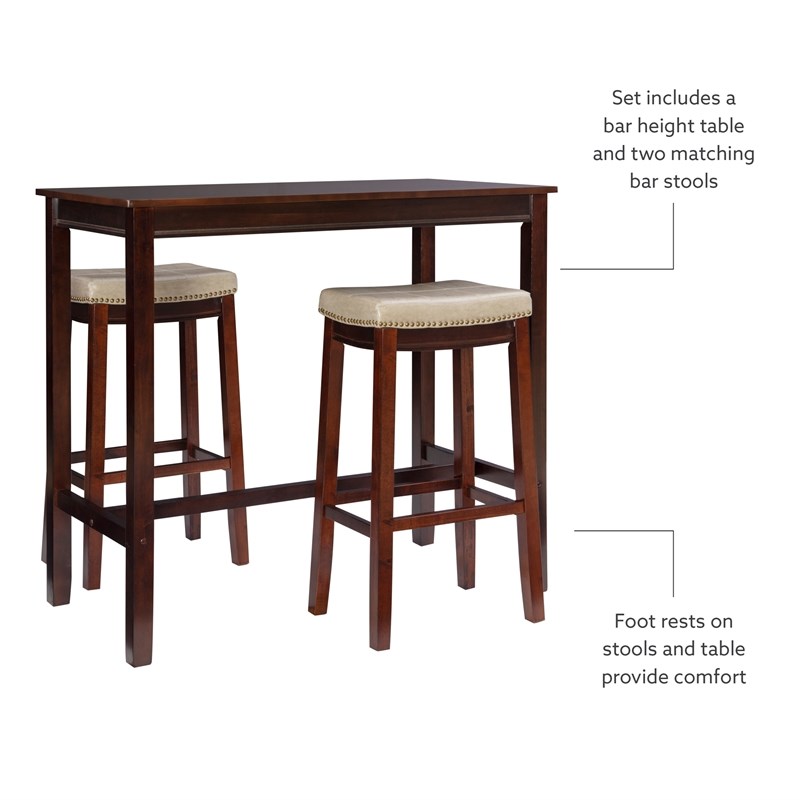 Pemberly Row 3-Piece Bar Dining Set Beige Faux Leather Seats Brown Wood