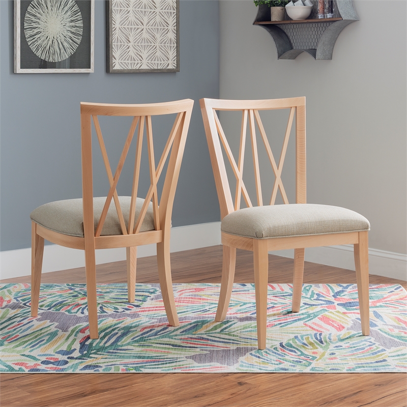 Pemberly Row Set of 2 Dining Chairs Crosshatch Backrest Natural Wood Finish
