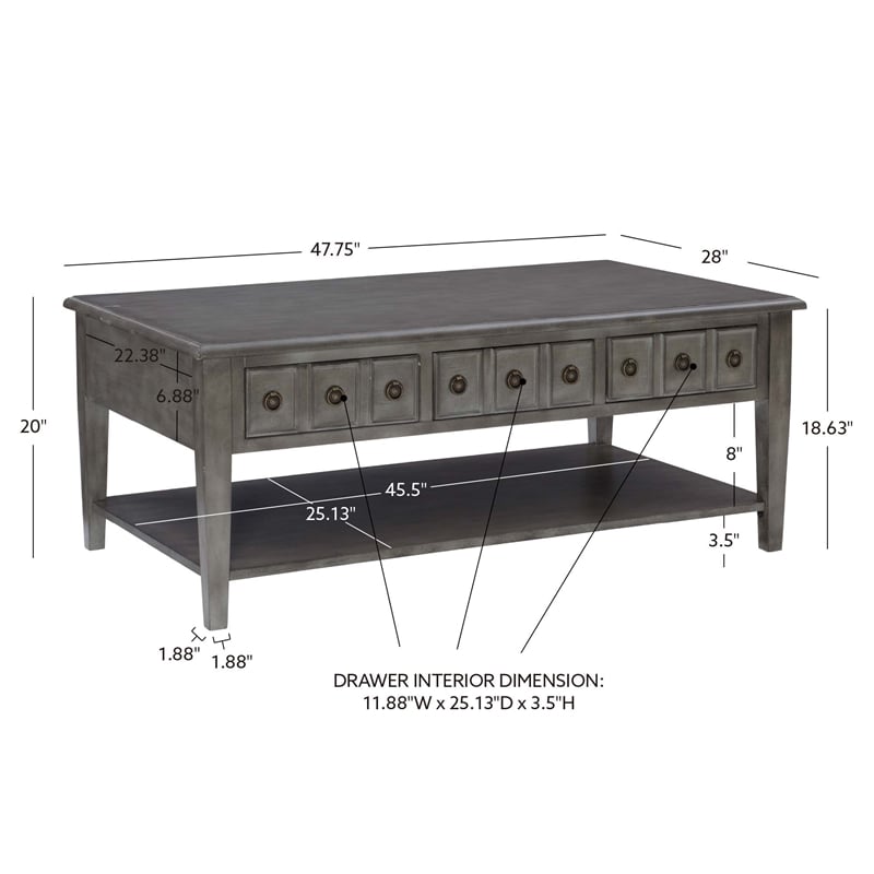 Pemberly Row Coffee Table with 3 Drawers and Bottom Shelf in Grey Finish
