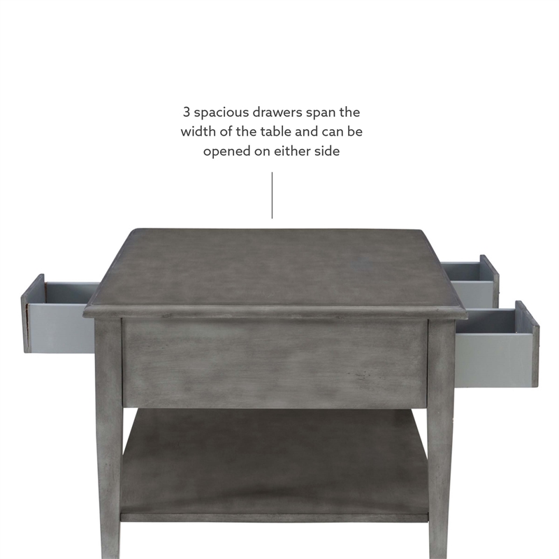 Pemberly Row Coffee Table with 3 Drawers and Bottom Shelf in Grey Finish