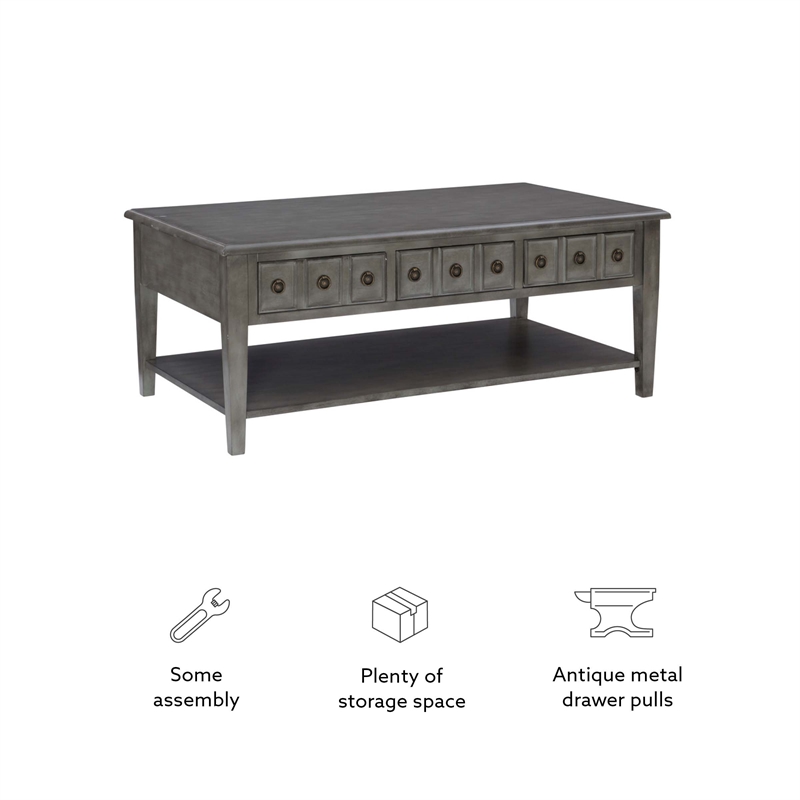 Pemberly Row Coffee Table with 3 Drawers and Bottom Shelf in Grey Finish