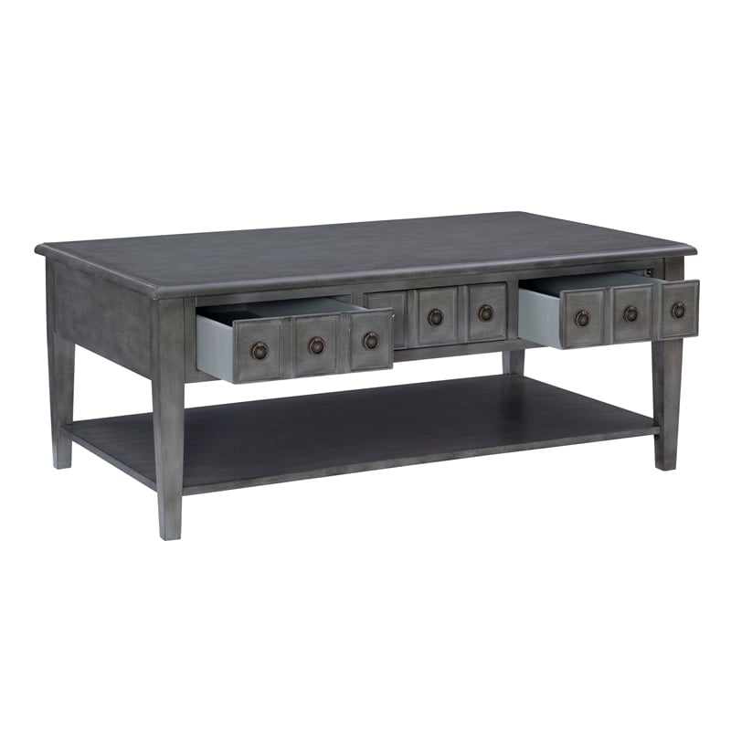 Pemberly Row Coffee Table with 3 Drawers and Bottom Shelf in Grey Finish
