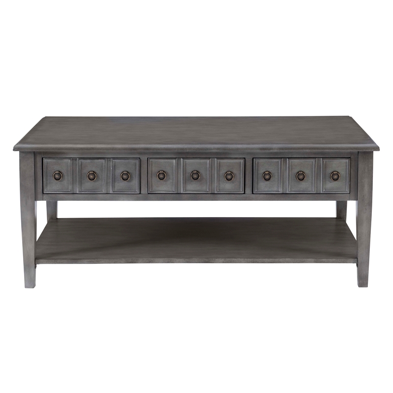 Pemberly Row Coffee Table with 3 Drawers and Bottom Shelf in Grey Finish