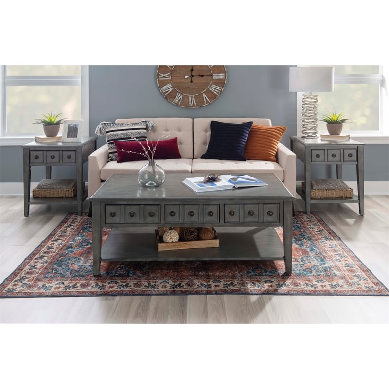 Pemberly Row Coffee Table with 3 Drawers and Bottom Shelf in Grey Finish