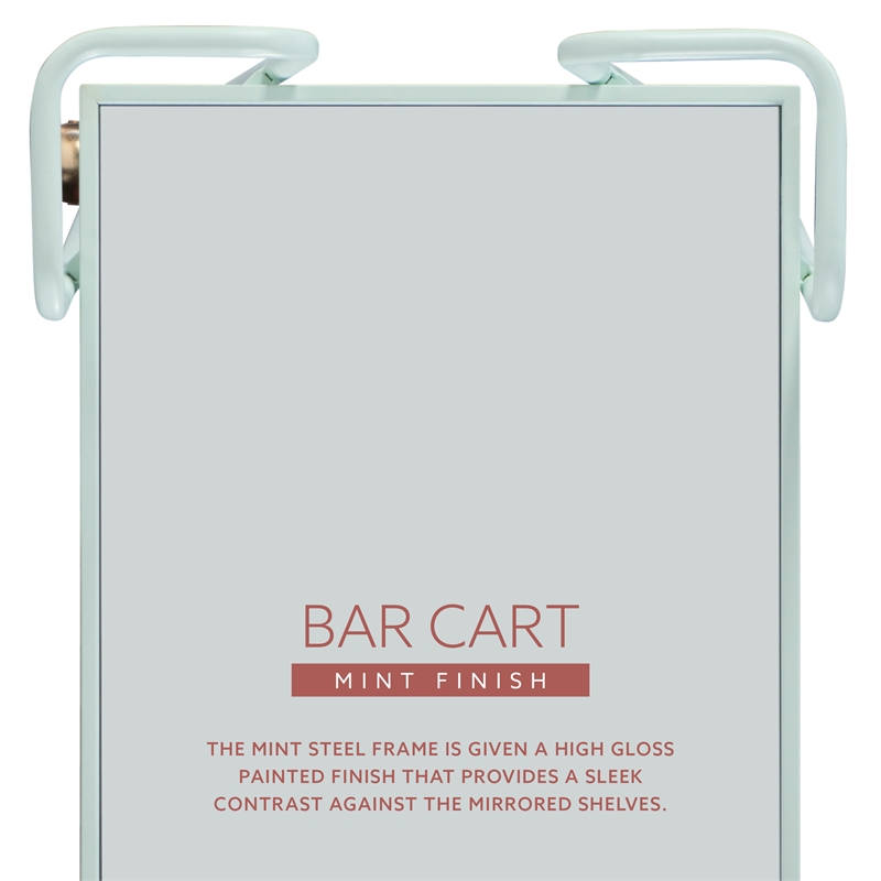 Pemberly Row 2-Level Rolling Bar Cart in Mint Green Metal with Mirrored Shelves