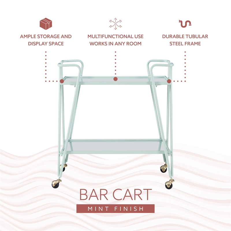 Pemberly Row 2-Level Rolling Bar Cart in Mint Green Metal with Mirrored Shelves