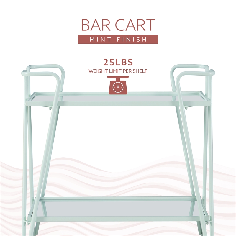 Pemberly Row 2-Level Rolling Bar Cart in Mint Green Metal with Mirrored Shelves