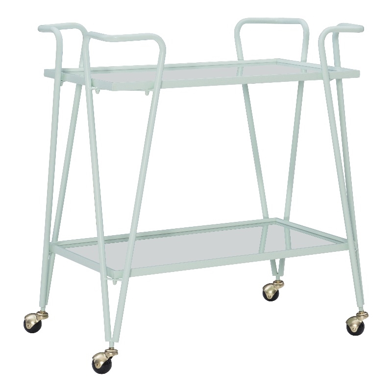 Pemberly Row 2-Level Rolling Bar Cart in Mint Green Metal with Mirrored Shelves