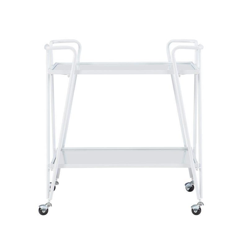 Pemberly Row 2-Level Rolling Bar Cart in White Metal with Mirrored Shelves