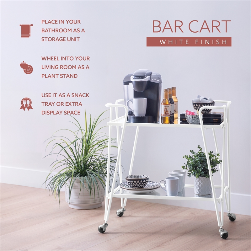 Pemberly Row 2-Level Rolling Bar Cart in White Metal with Mirrored Shelves