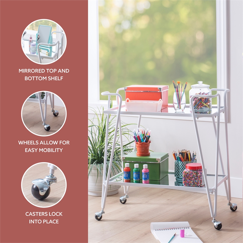 Pemberly Row 2-Level Rolling Bar Cart in White Metal with Mirrored Shelves