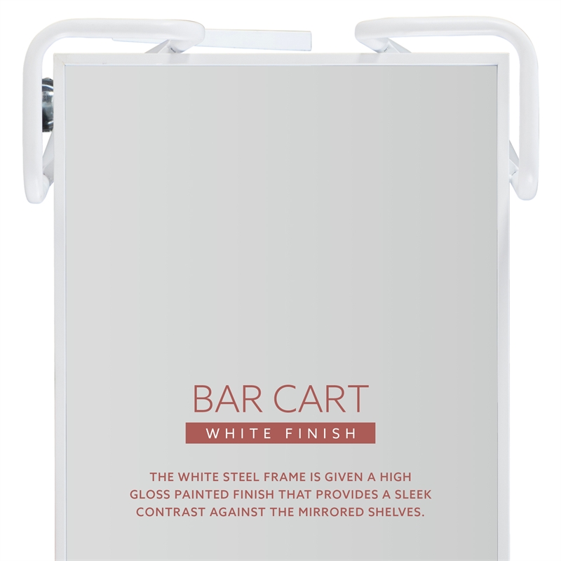Pemberly Row 2-Level Rolling Bar Cart in White Metal with Mirrored Shelves