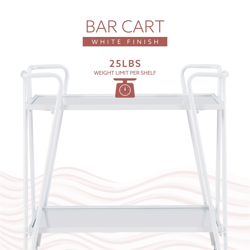 Pemberly Row 2-Level Rolling Bar Cart in White Metal with Mirrored Shelves