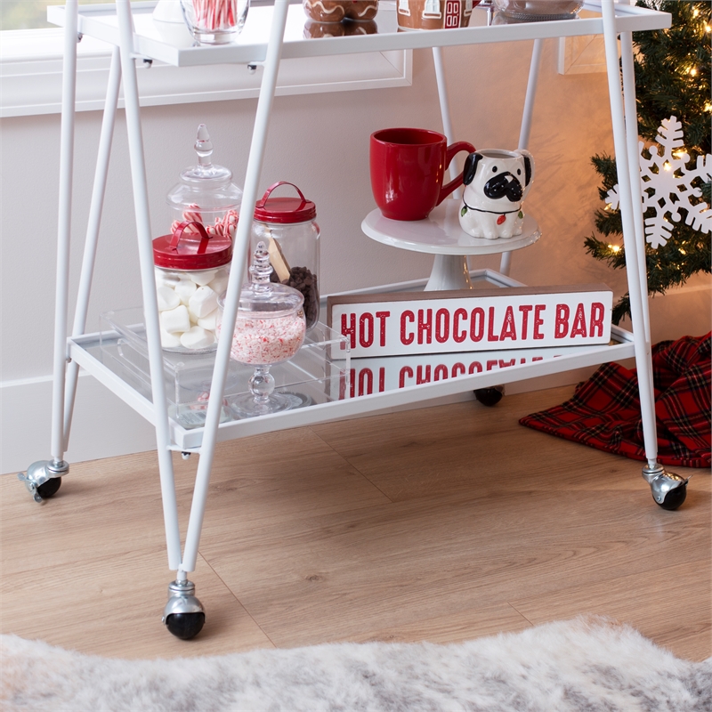 Pemberly Row 2-Level Rolling Bar Cart in White Metal with Mirrored Shelves