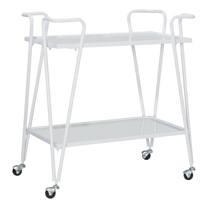 Pemberly Row 2-Level Rolling Bar Cart in White Metal with Mirrored Shelves