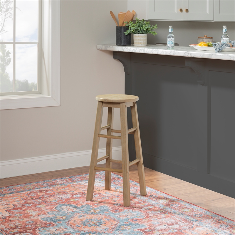 Pemberly Row Round Backless Bar Stool in Washed Gray Rubberwood