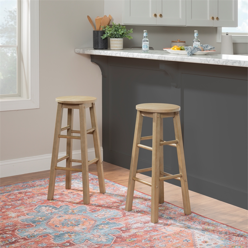 Pemberly Row Round Backless Bar Stool in Washed Gray Rubberwood