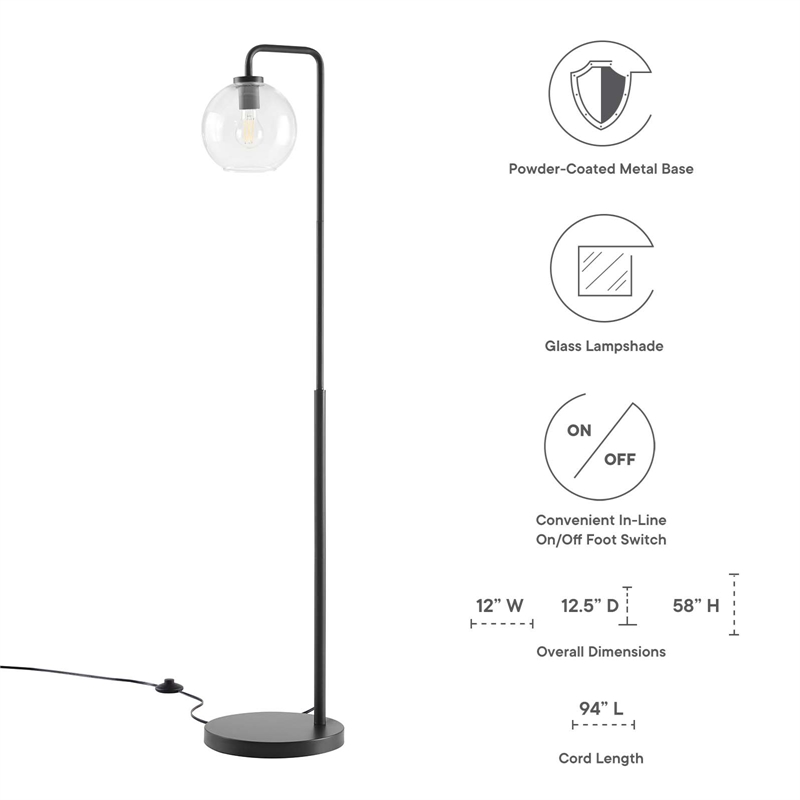 Pemberly Row 1-Light Glass and Metal Floor Lamp in Black and Clear