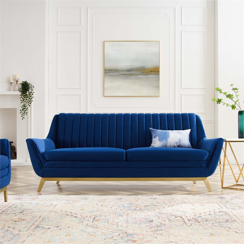 Pemberly Row Channel Tufted Velvet Sofa in Navy with Gold Base