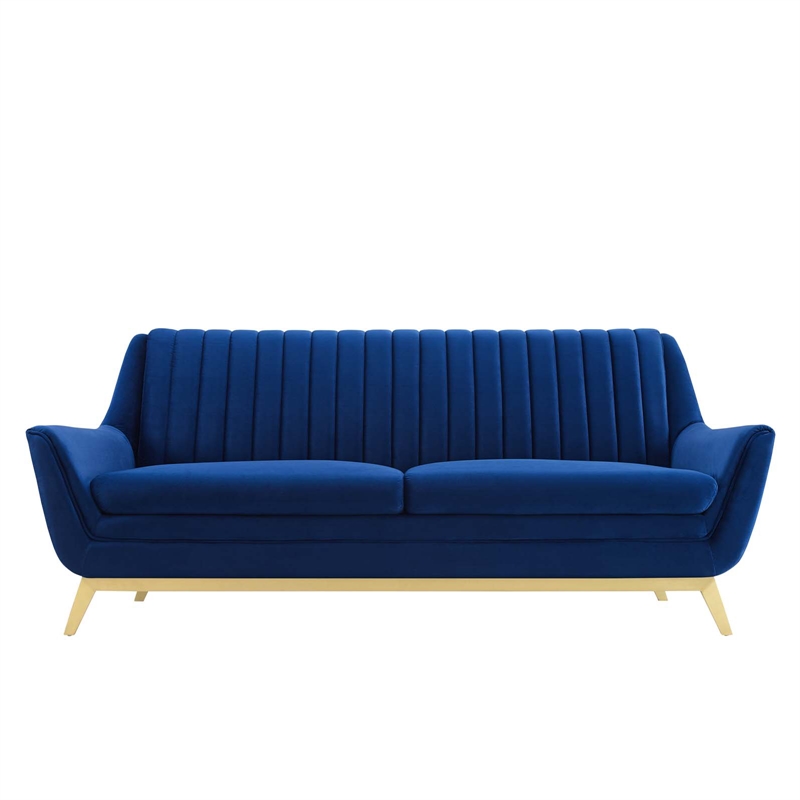 Pemberly Row Channel Tufted Velvet Sofa in Navy with Gold Base