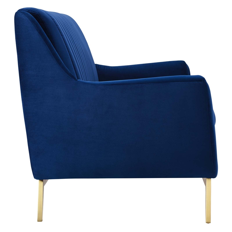 Pemberly Row Channel Tufted Velvet Sofa in Navy with Gold Base