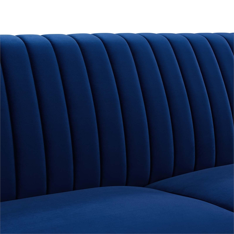 Pemberly Row Channel Tufted Velvet Sofa in Navy with Gold Base