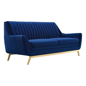 Pemberly Row Channel Tufted Velvet Sofa in Navy with Gold Base