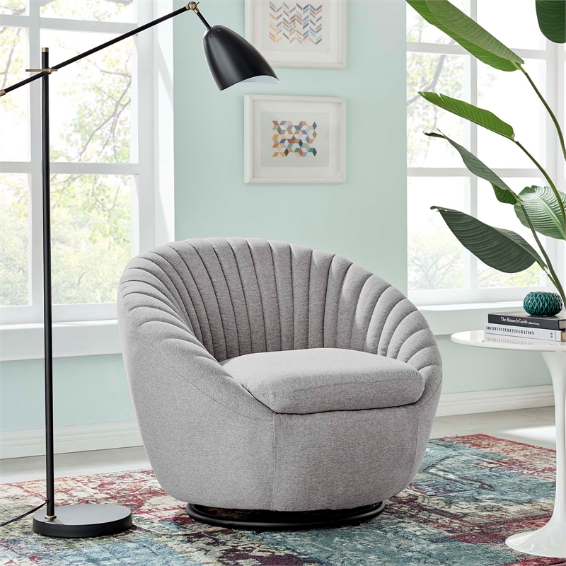 Pemberly Row Fabric Swivel Chair with Channel Tufting in Black/Light Gray