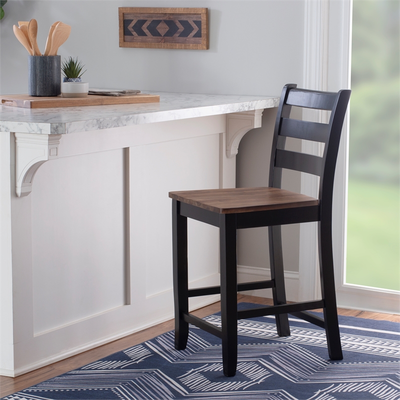 Pemberly Row Two-Tone Ladder Back Counter Stool in Black and Oak Finish