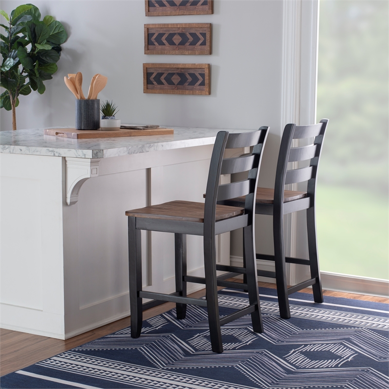 Pemberly Row Two-Tone Ladder Back Counter Stool in Black and Oak Finish