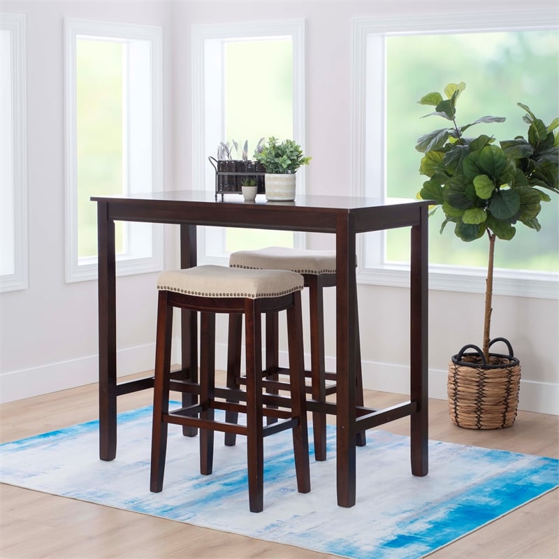 Pemberly Row 3-Piece Wood Bar Dining Set in Walnut with Padded Seats