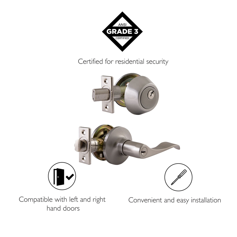 Pemberly Row Stratford Keyed Entry Door Knob and Deadbolt in Satin Nickel