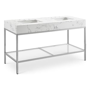 Pemberly Row 60&quot Double Bathroom Vanity with Ceramic Sinks in White and Chrome