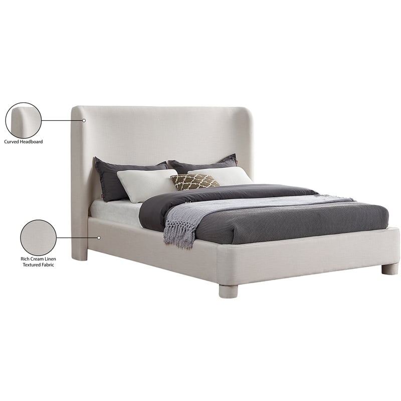 Pemberly Row Queen Bed with Curved Headboard in Cream Linen