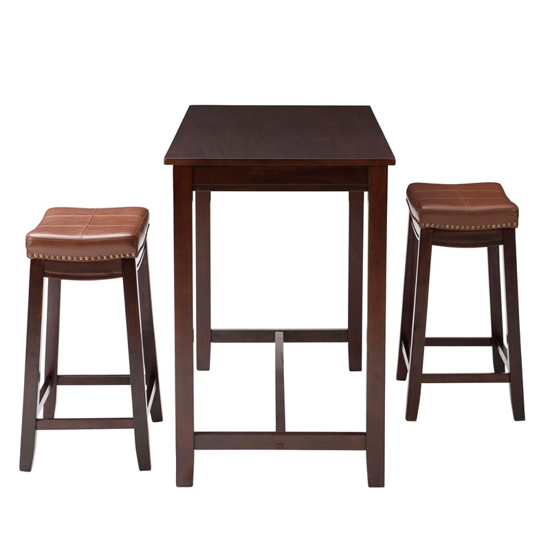 Pemberly Row 3-Piece Counter Dining Set Wood and Faux Leather Cognac Brown