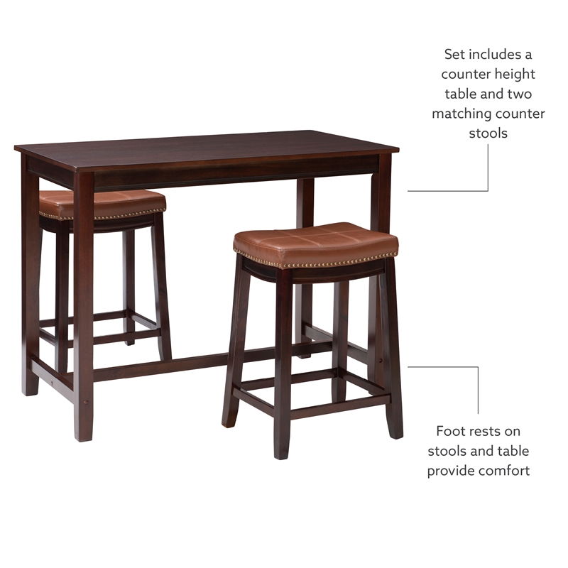 Pemberly Row 3-Piece Counter Dining Set Wood and Faux Leather Cognac Brown