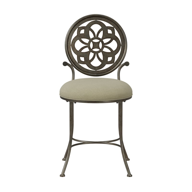 Pemberly Row Metal Upholstered Vanity Stool with Mandala Back in Antique Gray