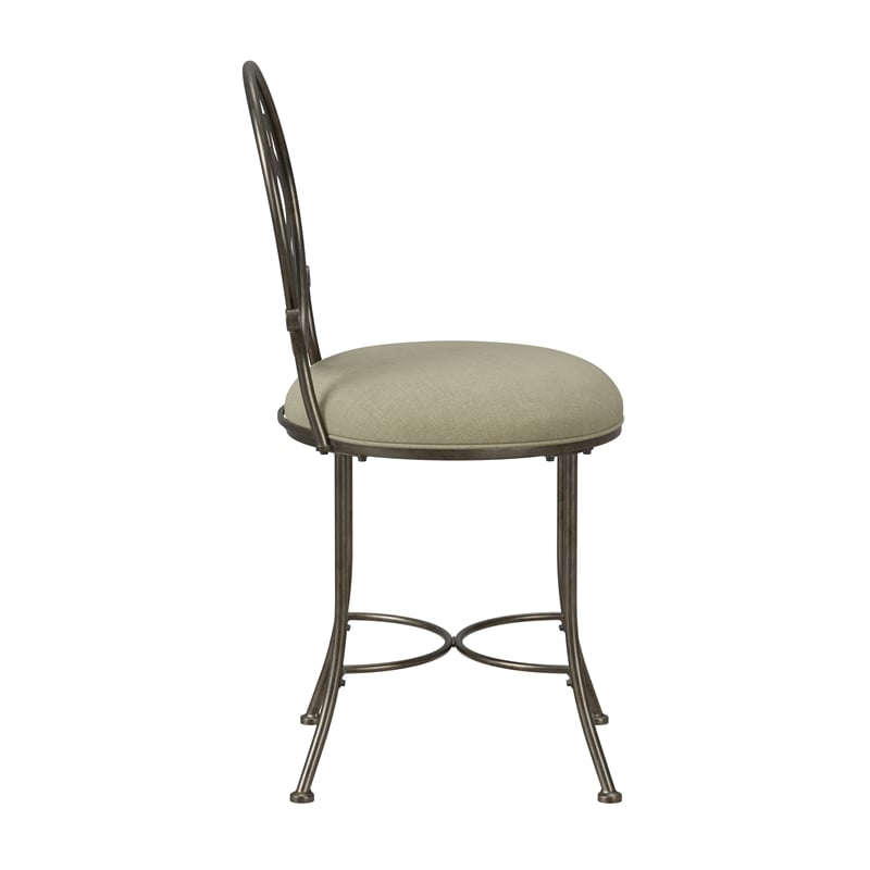 Pemberly Row Metal Upholstered Vanity Stool with Mandala Back in Antique Gray