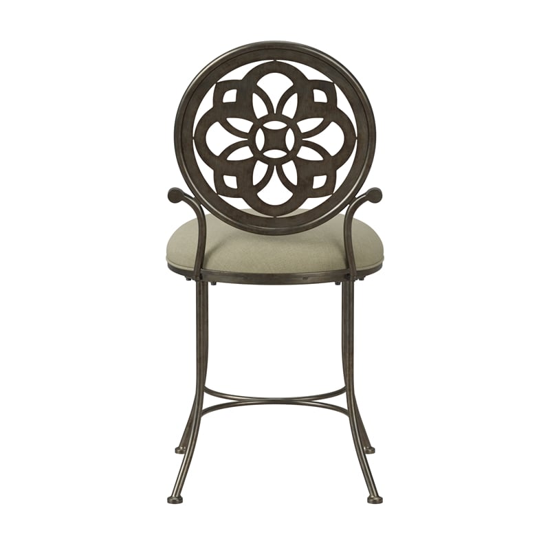Pemberly Row Metal Upholstered Vanity Stool with Mandala Back in Antique Gray