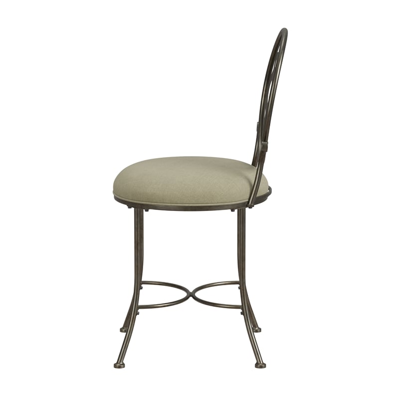 Pemberly Row Metal Upholstered Vanity Stool with Mandala Back in Antique Gray