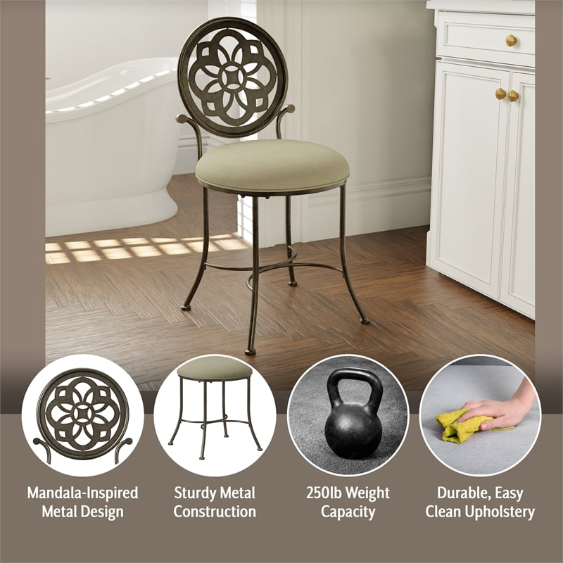Pemberly Row Metal Upholstered Vanity Stool with Mandala Back in Antique Gray