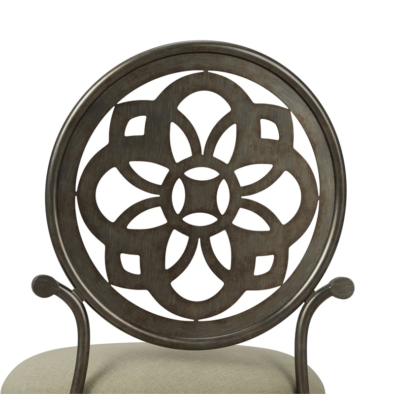 Pemberly Row Metal Upholstered Vanity Stool with Mandala Back in Antique Gray