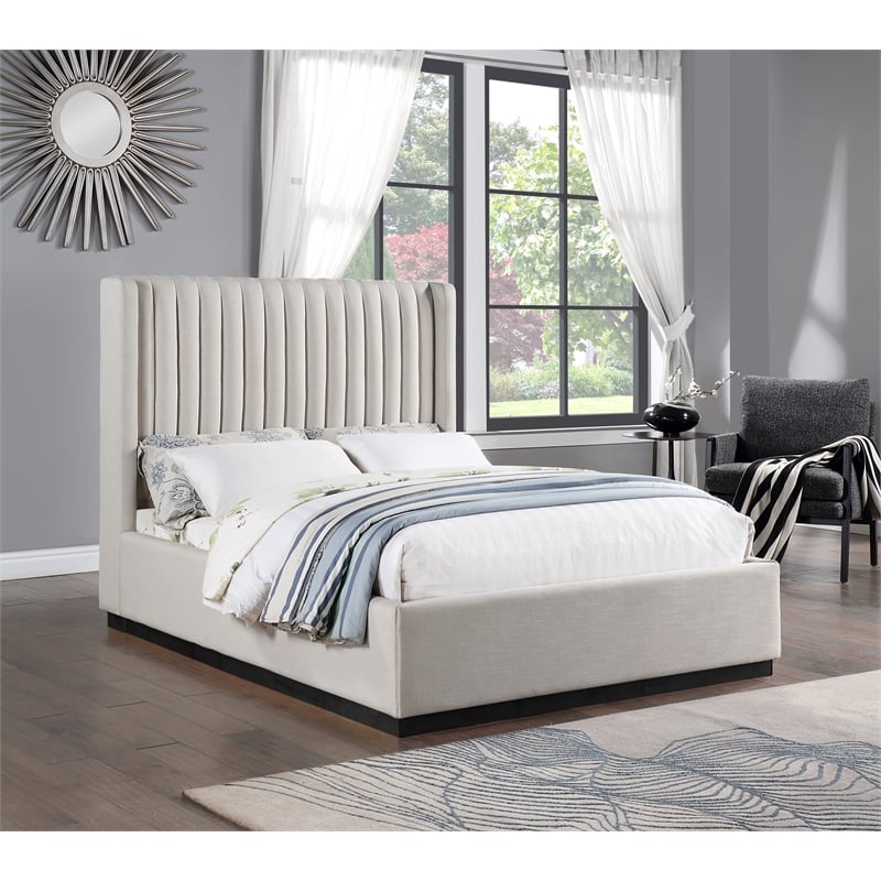 Pemberly Row Full Bed with Channel Tufted Headboard in Beige Linen
