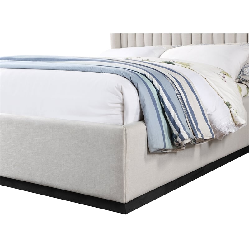 Pemberly Row Full Bed with Channel Tufted Headboard in Beige Linen