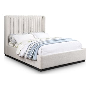 Pemberly Row Full Bed with Channel Tufted Headboard in Beige Linen