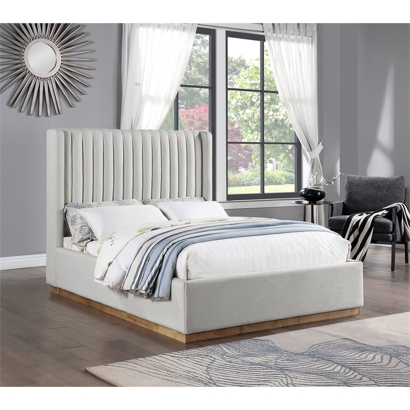 Pemberly Row Full Bed with Channel Tufted Wingback in Cream Linen