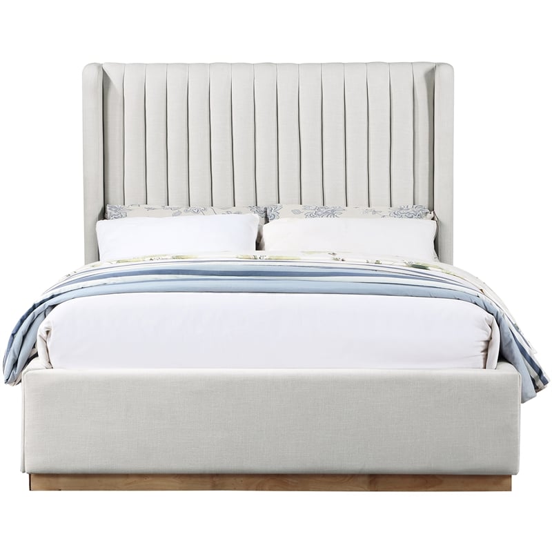 Pemberly Row Full Bed with Channel Tufted Wingback in Cream Linen