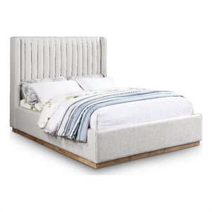 Pemberly Row Full Bed with Channel Tufted Wingback in Cream Linen