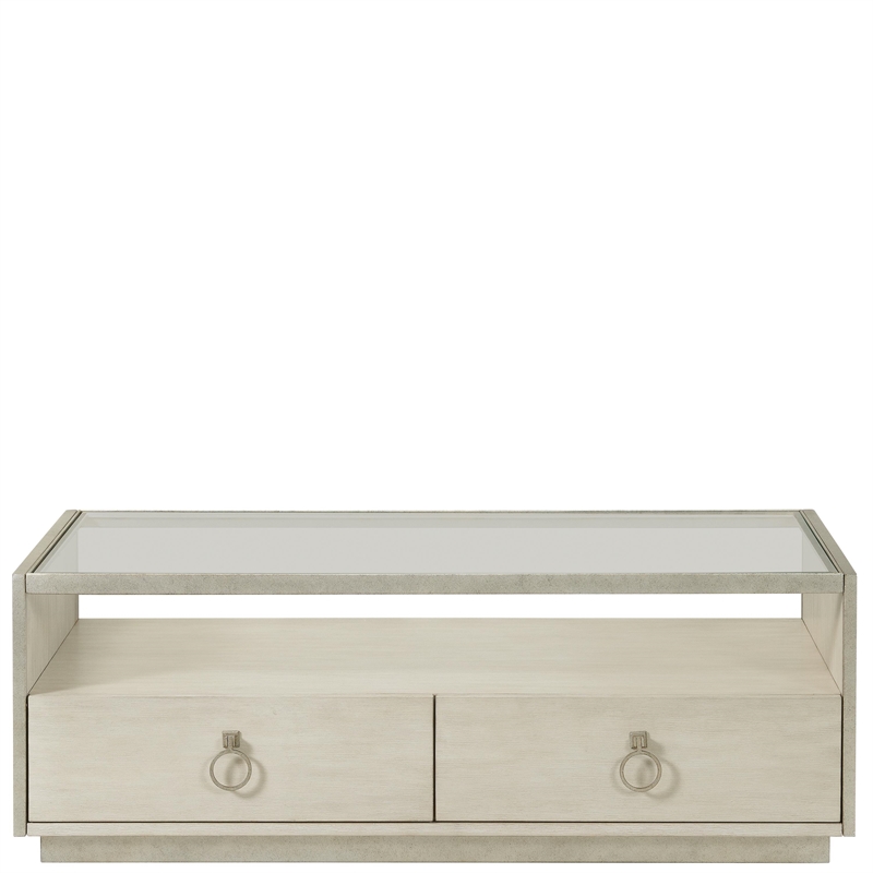 Pemberly Row Rectangular Wood Coffee Table with Glass Top in Champagne