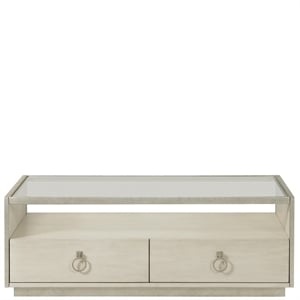 Pemberly Row Rectangular Wood Coffee Table with Glass Top in Champagne